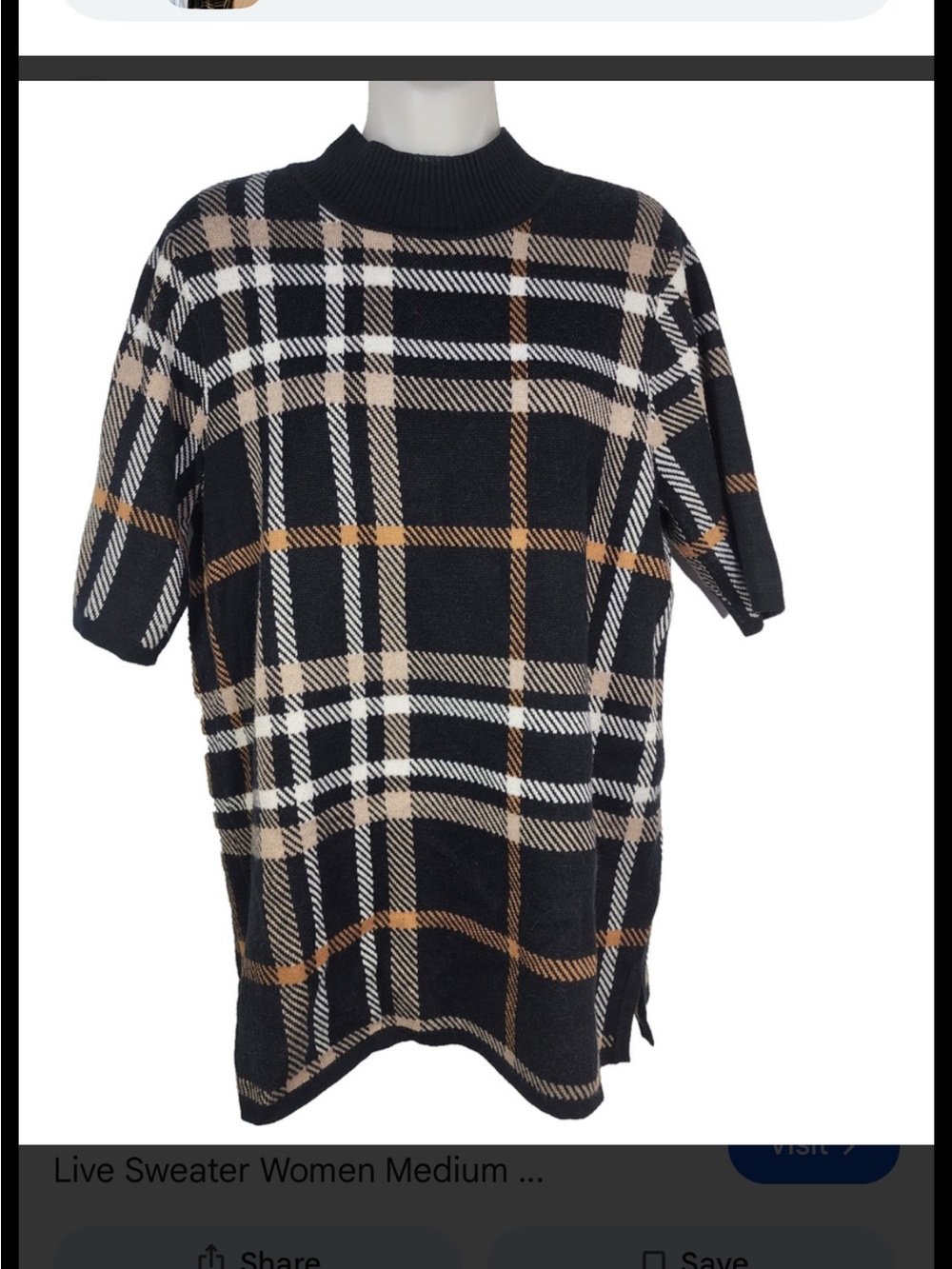Isaac Mizrahi Black Plaid Short-Sleeve Turtleneck Sweater